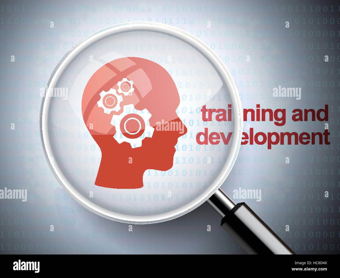 magnifying glass with gears on head icon, training and development word ...