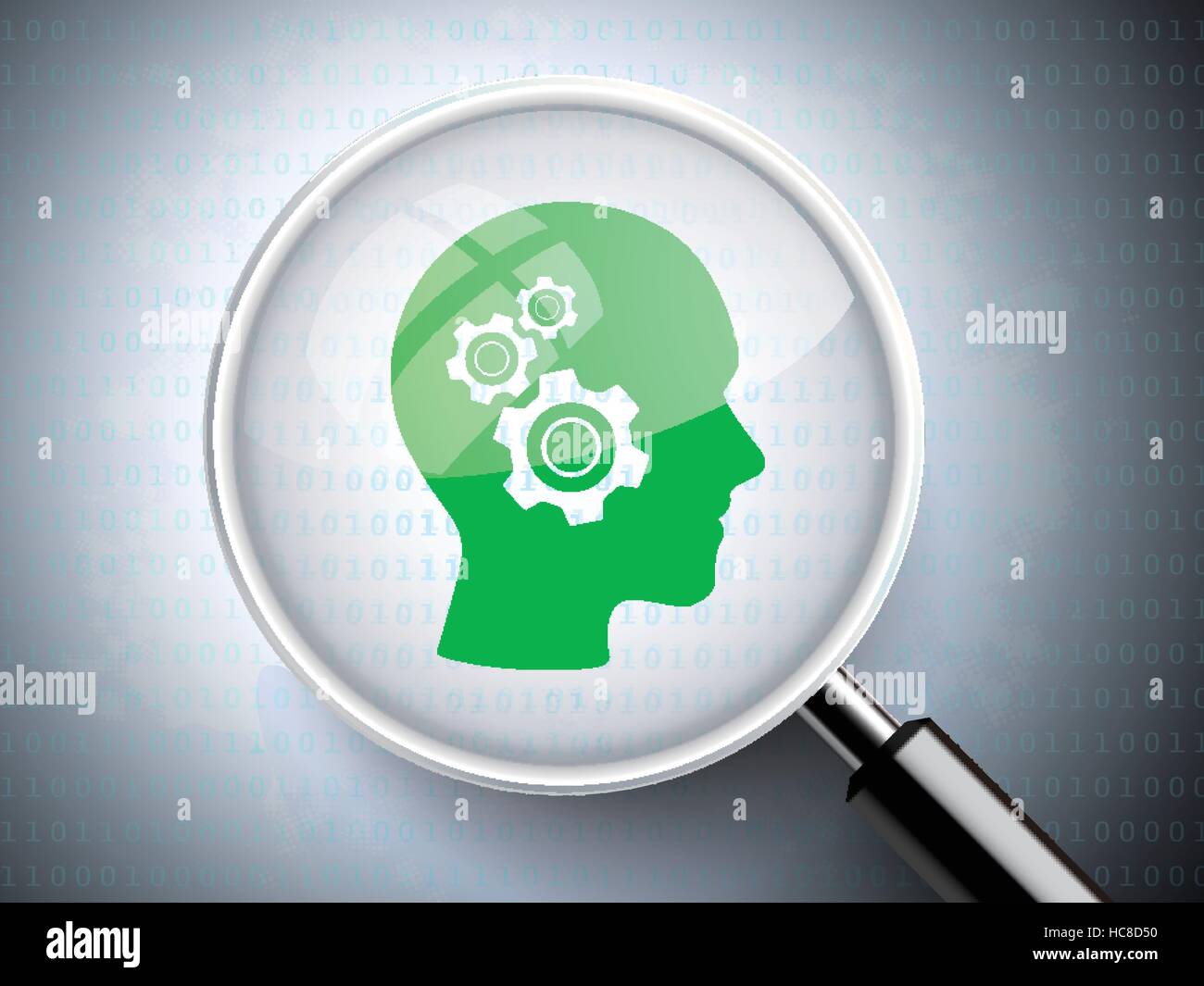 magnifying glass with gears on head icons over digital background Stock ...