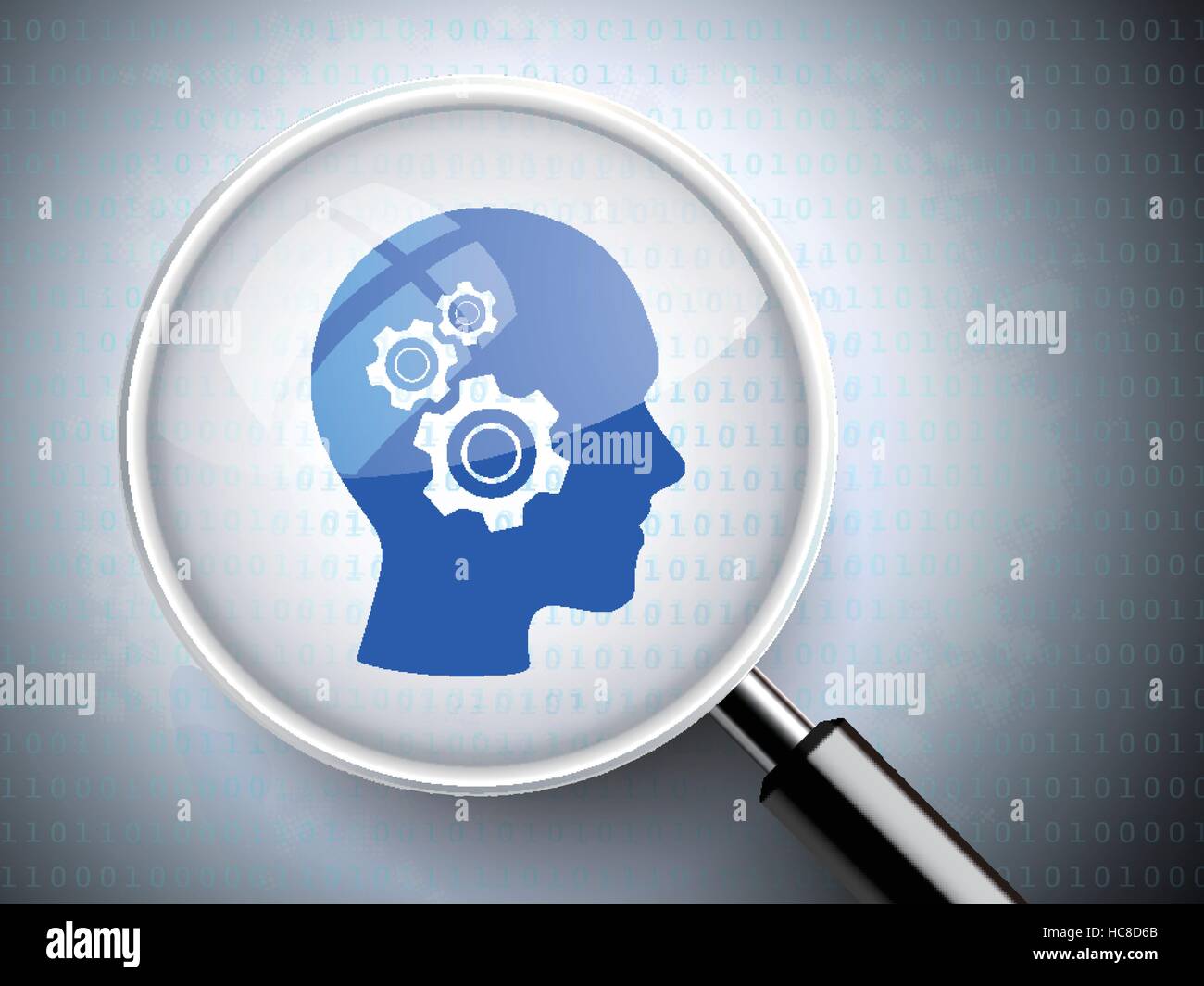 magnifying glass with gears on head icons over digital background Stock ...