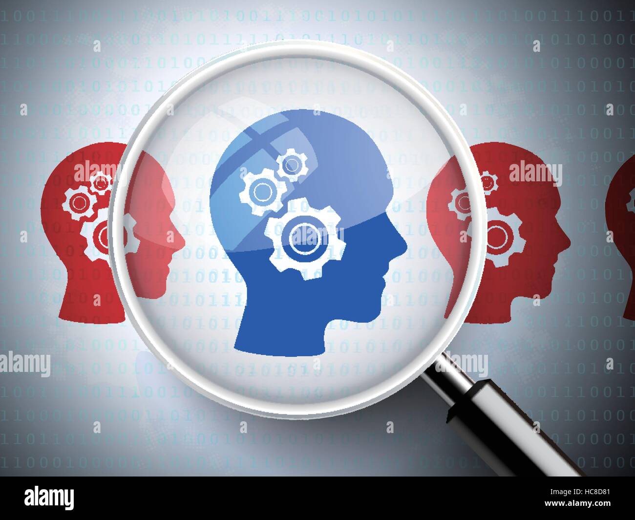 magnifying glass with gears on head icons over digital background Stock ...