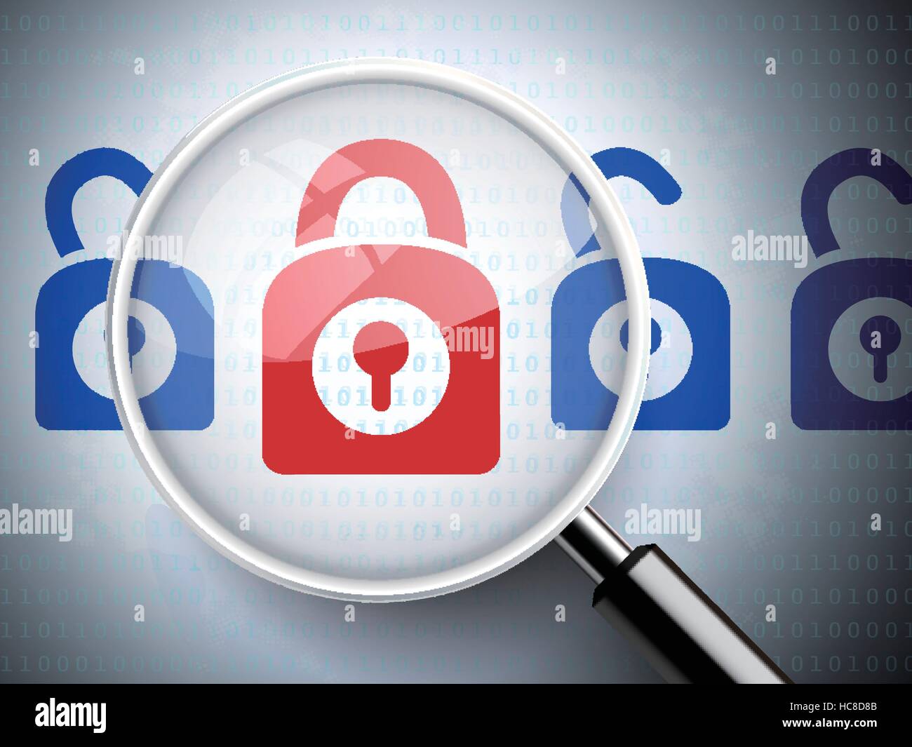 magnifying glass with closed padlock icon on digital background Stock ...