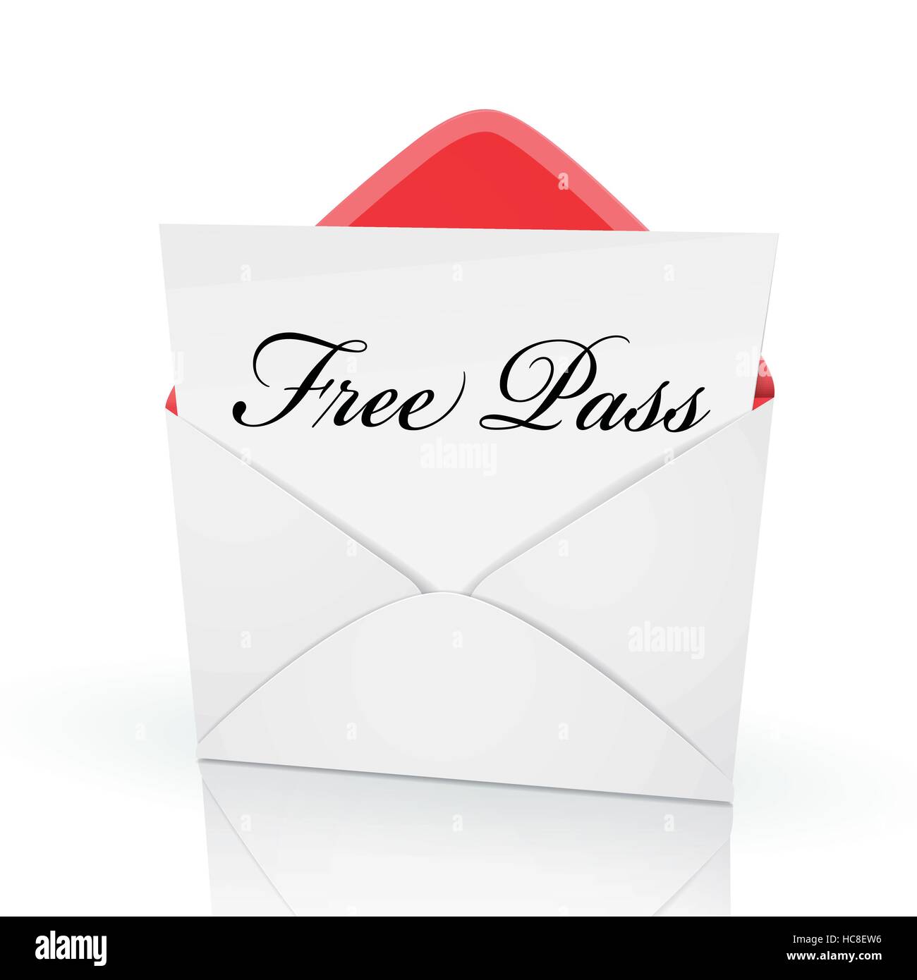 the words free pass on a card in an envelope Stock Vector