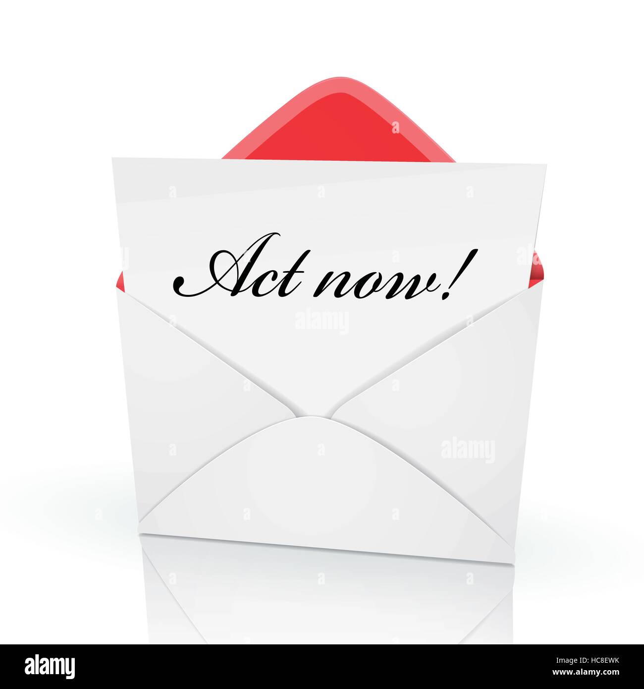 the words act now on a card in an envelope Stock Vector