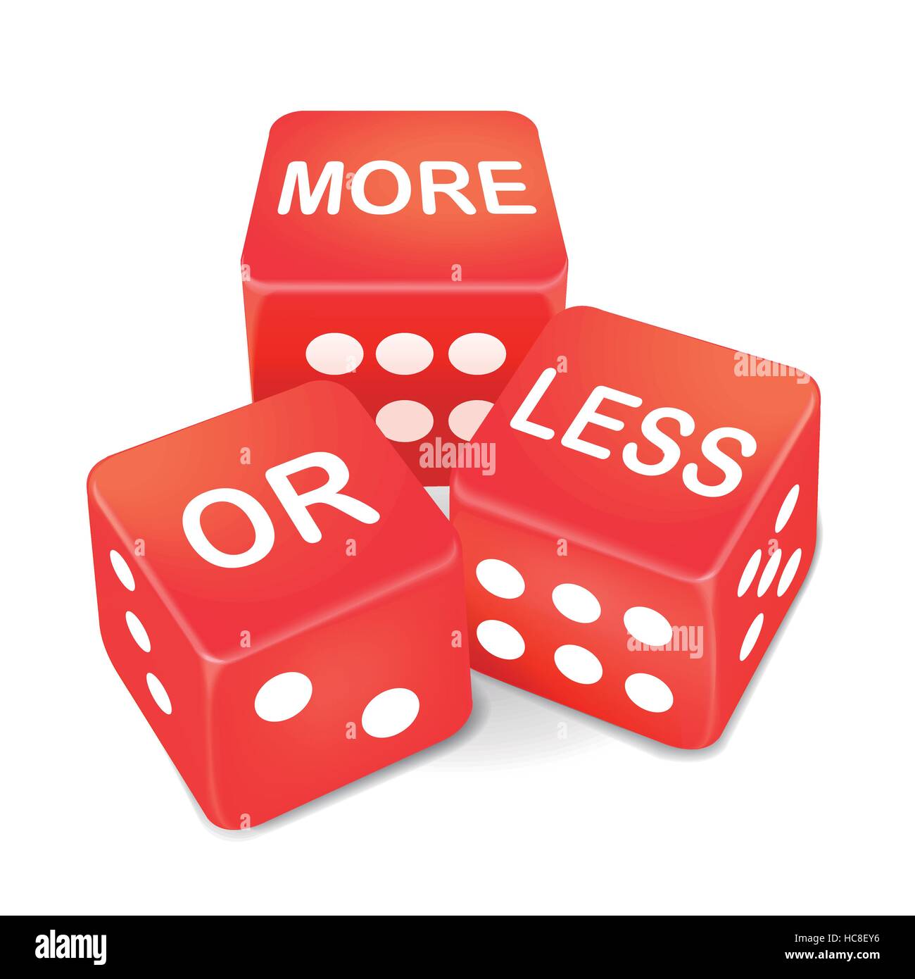 more or less words on three red dice over white background Stock Vector