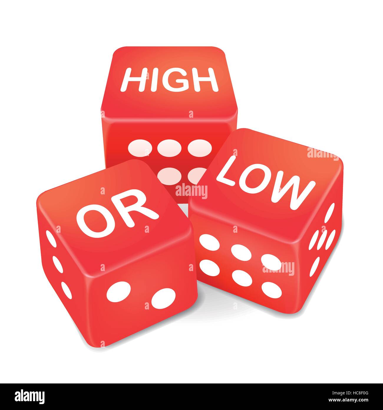 high or low words on three red dice over white background Stock Vector