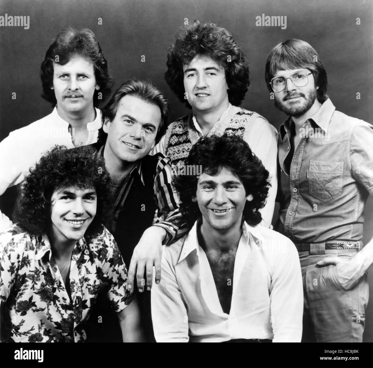 LITTLE RIVER BAND Australian rock group in a promotional photo from Harvest records about 1978. Back row from left: David Briggs, Glen Shorrock, George McArdie, Graham Goble. Front two from left: Beeb Birtles, Derek Pellici Stock Photo