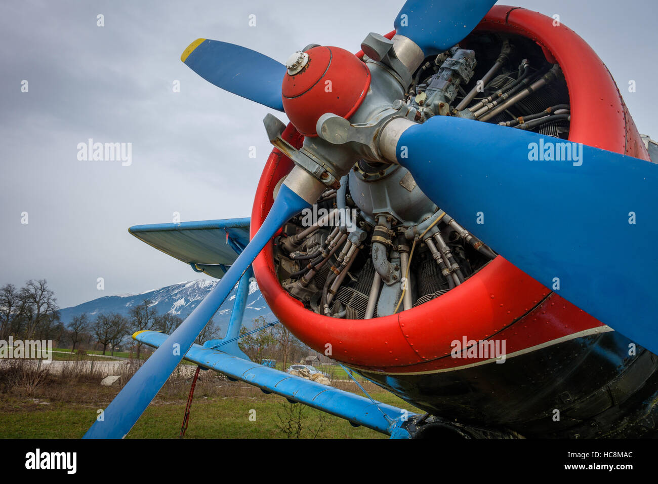Engine of an old propeller plane, abandoned in the middle od a field ...