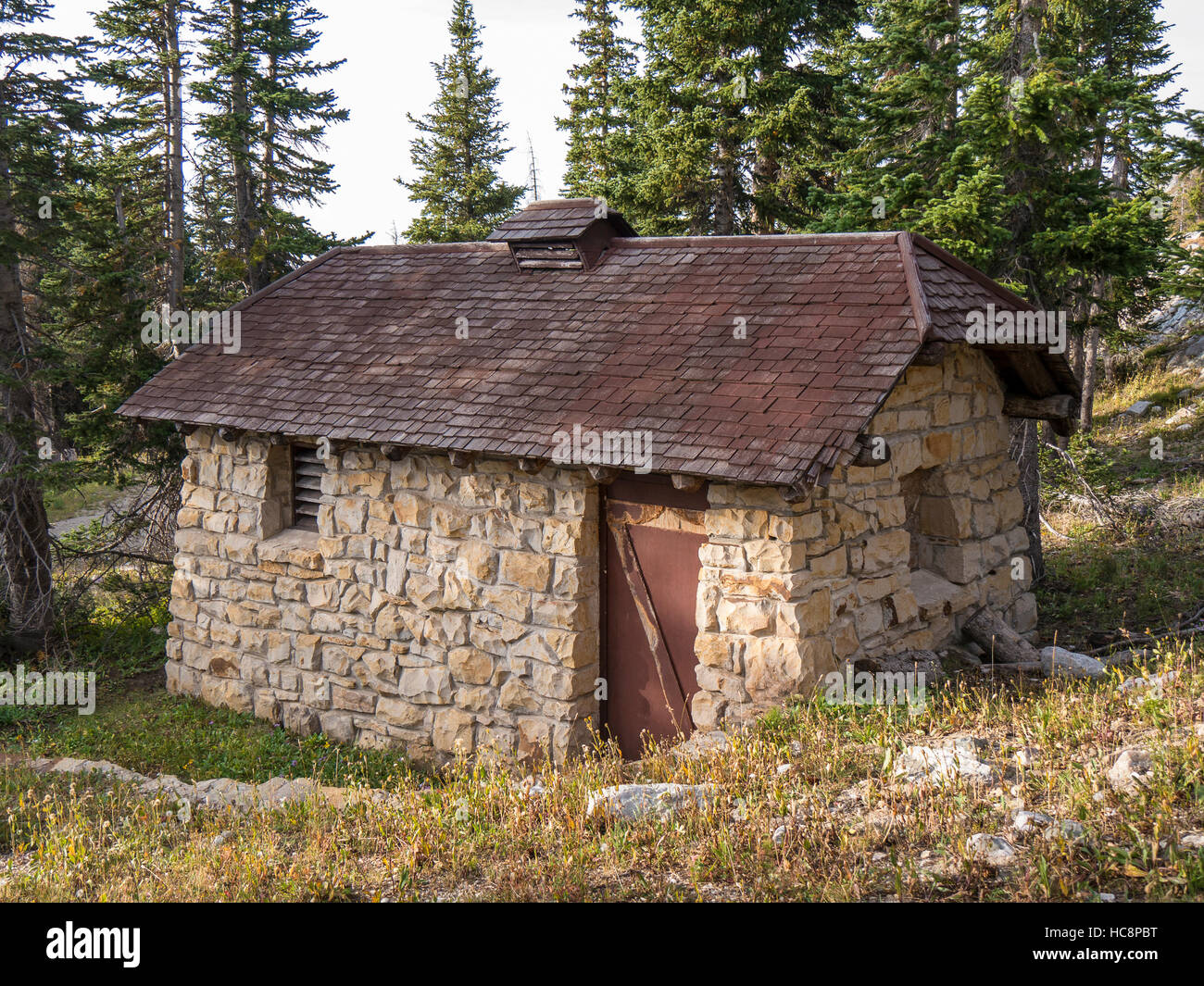 Historic CCC latrine building, Mirror Lake, Snowy Range, Wyoming. Stock Photo