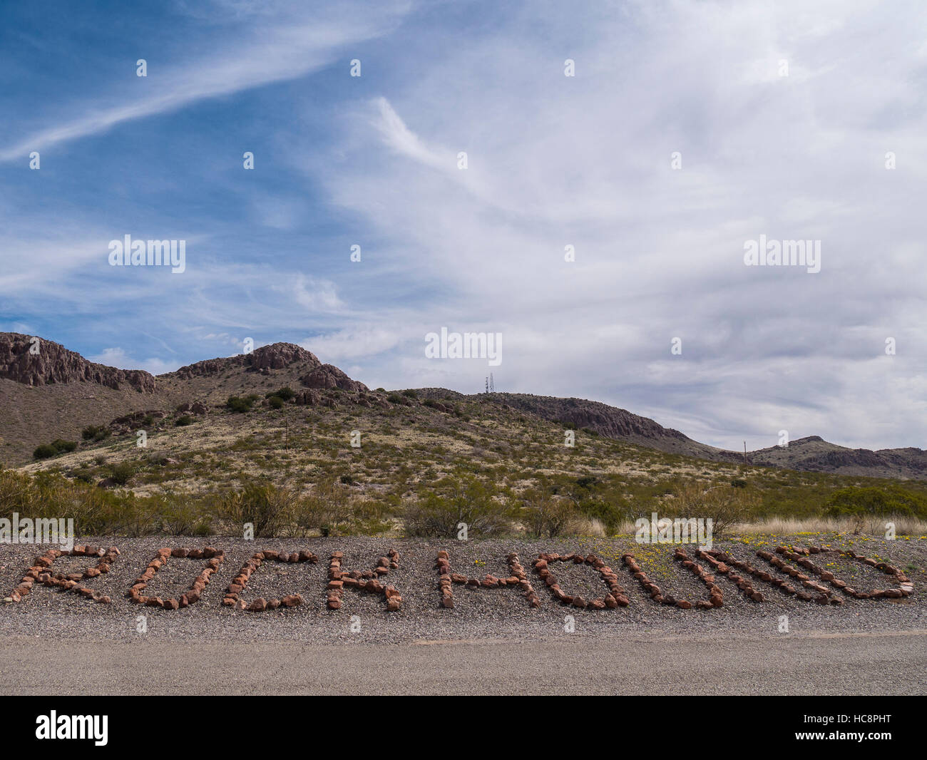 Rockhound sign in rock, Rockhound State Park, Deming, New Mexico. Stock Photo
