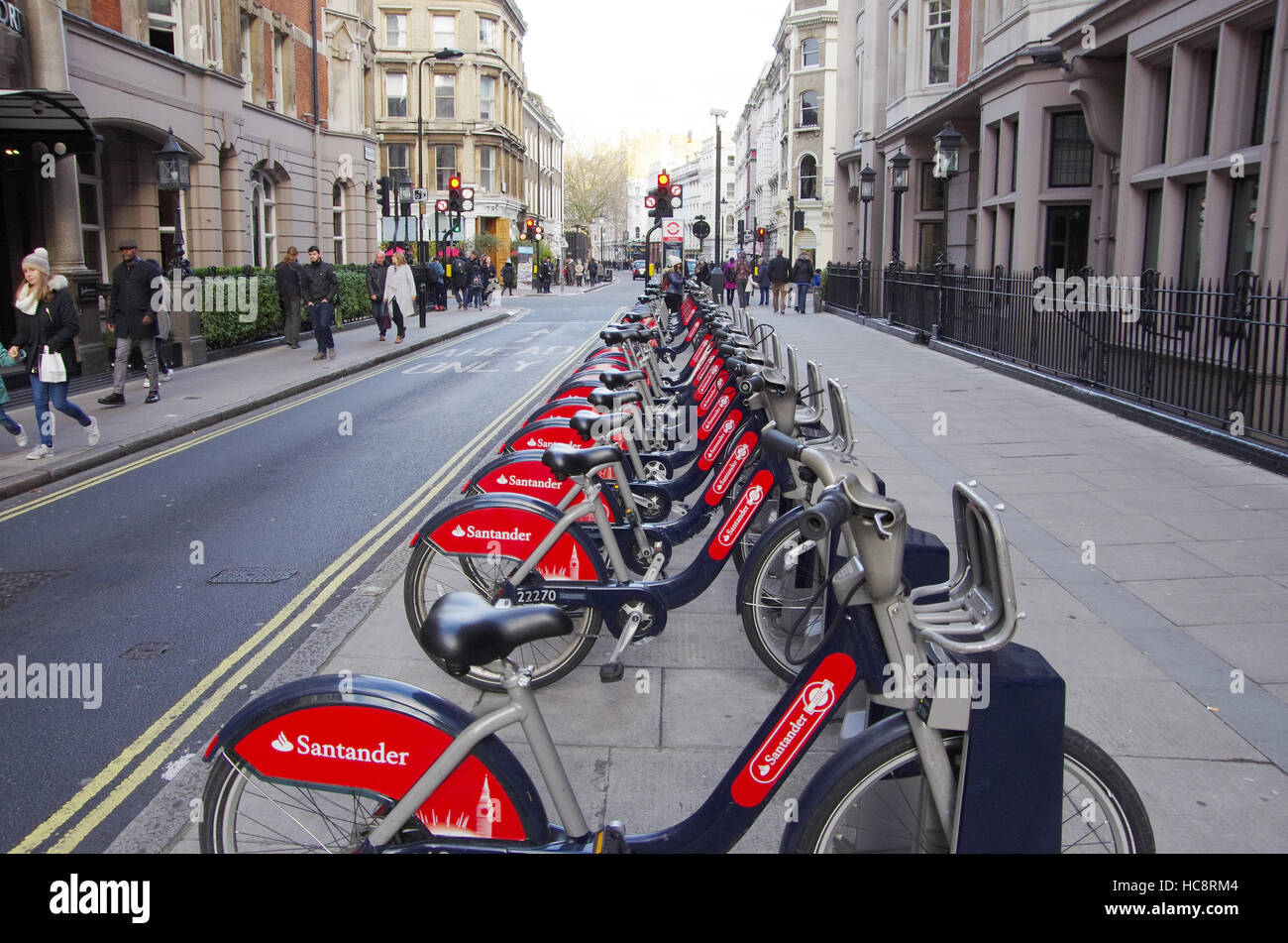 LONDON,UK - 01 DEC 2016 - Public cycles on the street of London, an ecologic transport. Stock Photo