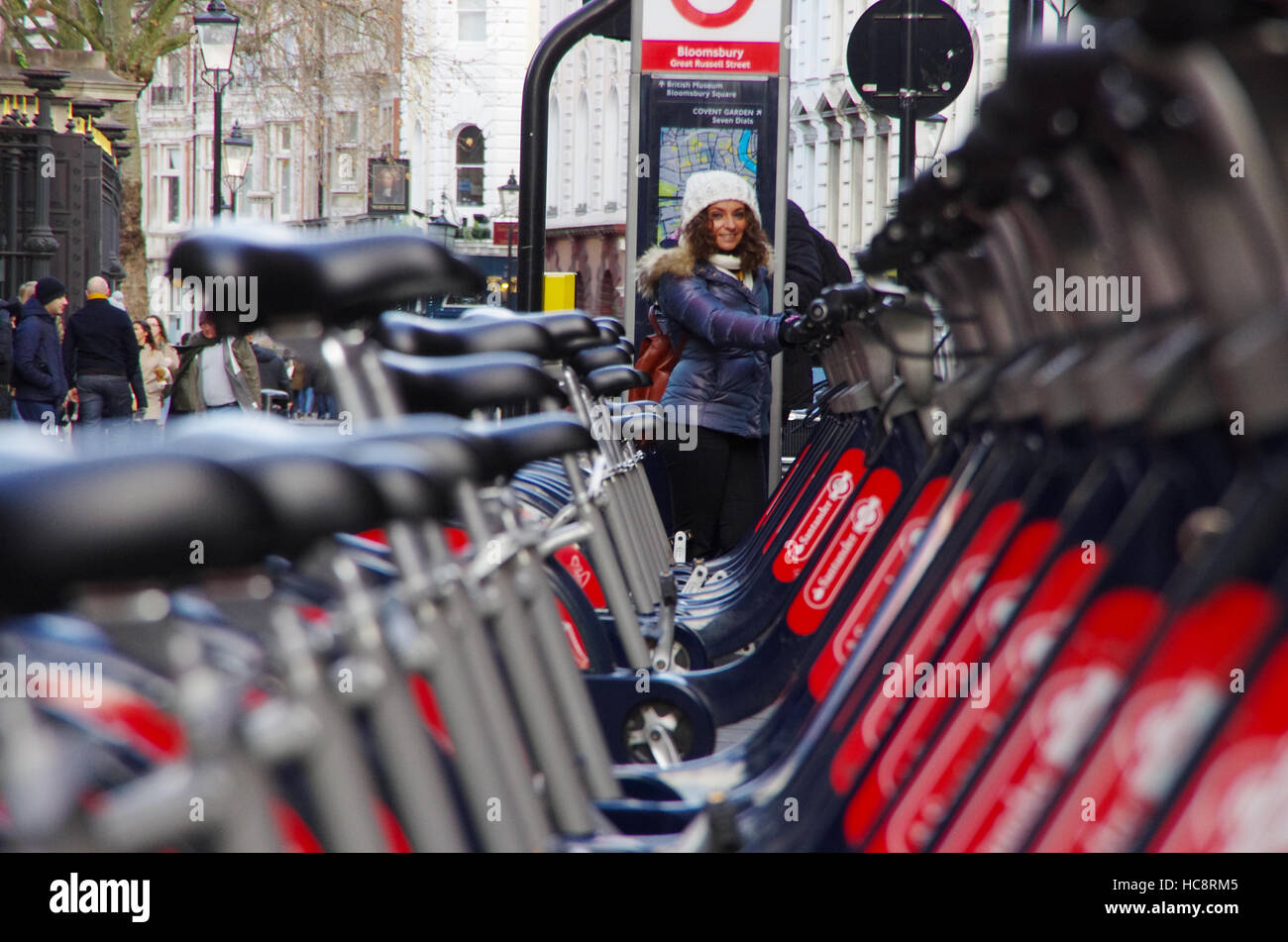 LONDON,UK - 01 DEC 2016 - Public cycles on the street of London, an ecologic transport. Stock Photo