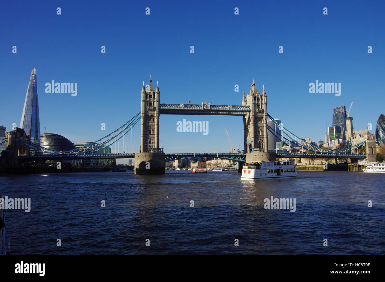 LONDON,UK - 01 DEC 2016 - Tower Bridge seen from a boat on the Thames Stock Photo