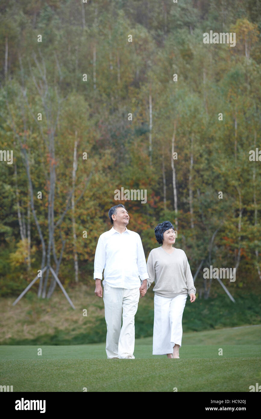 Smiling senior couple walking hand in hand outdoors Stock Photo - Alamy