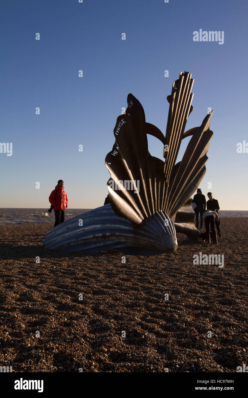 The Scallop sculpture, dedicated to Benjamin Britten on the beach at Aldeburgh, Suffolk, England, United Kingdom Stock Photo