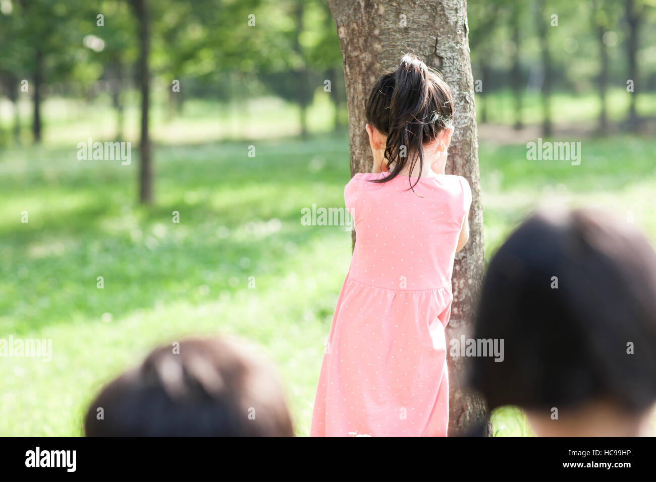 Back of girl playing hideandseek outdoors Stock Photo Alamy