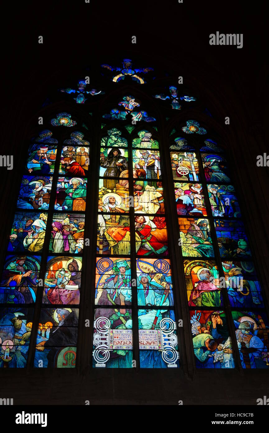Stain glass window in St. Vitus Cathedral. Prague, Czech Republic. Stock Photo