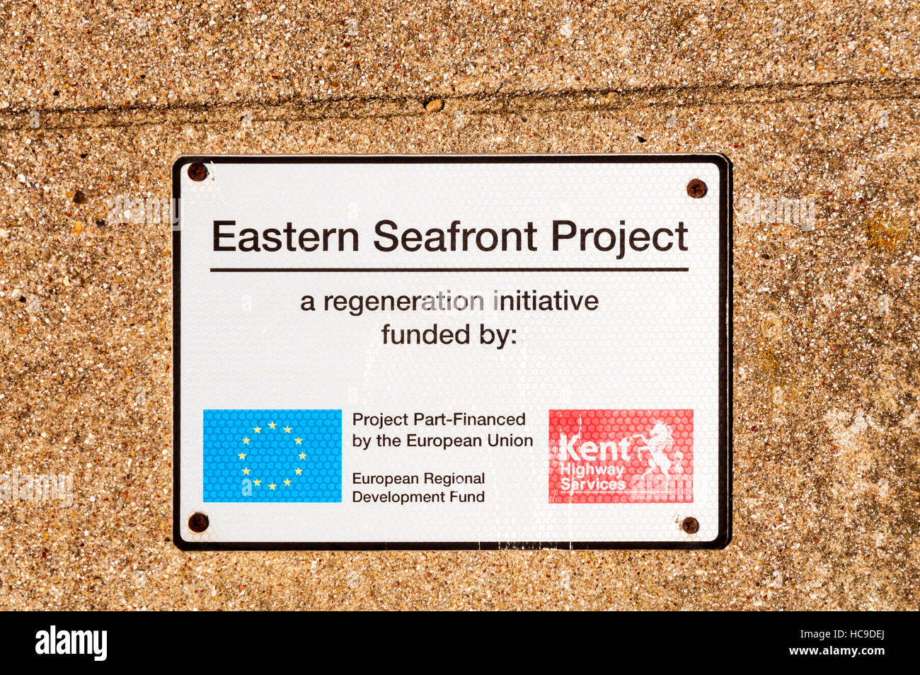 A sign for the European Regional Development Fund with EU insignia on EU funded improvements to Margate Eastern Seafront. Stock Photo