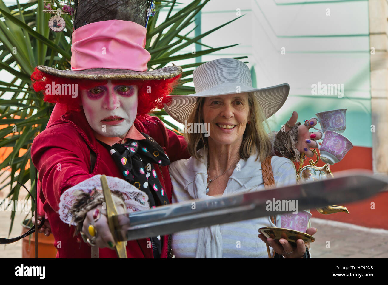 A street preformer dressed as a ALICE IN WONDERLAND CHARACTER during the Cerventino Festival - GUANAJUATO, MEXICO Stock Photo