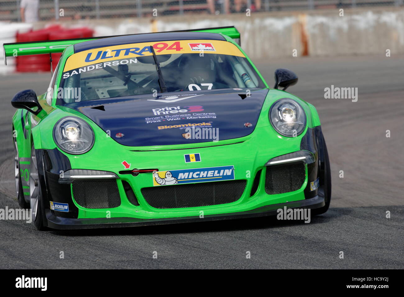 In car number 07, Tim Sanderson  competing in the Porsche GT3 Cup Challenge Canada at the GP3R in Trois-Rivieres, Quebec Stock Photo