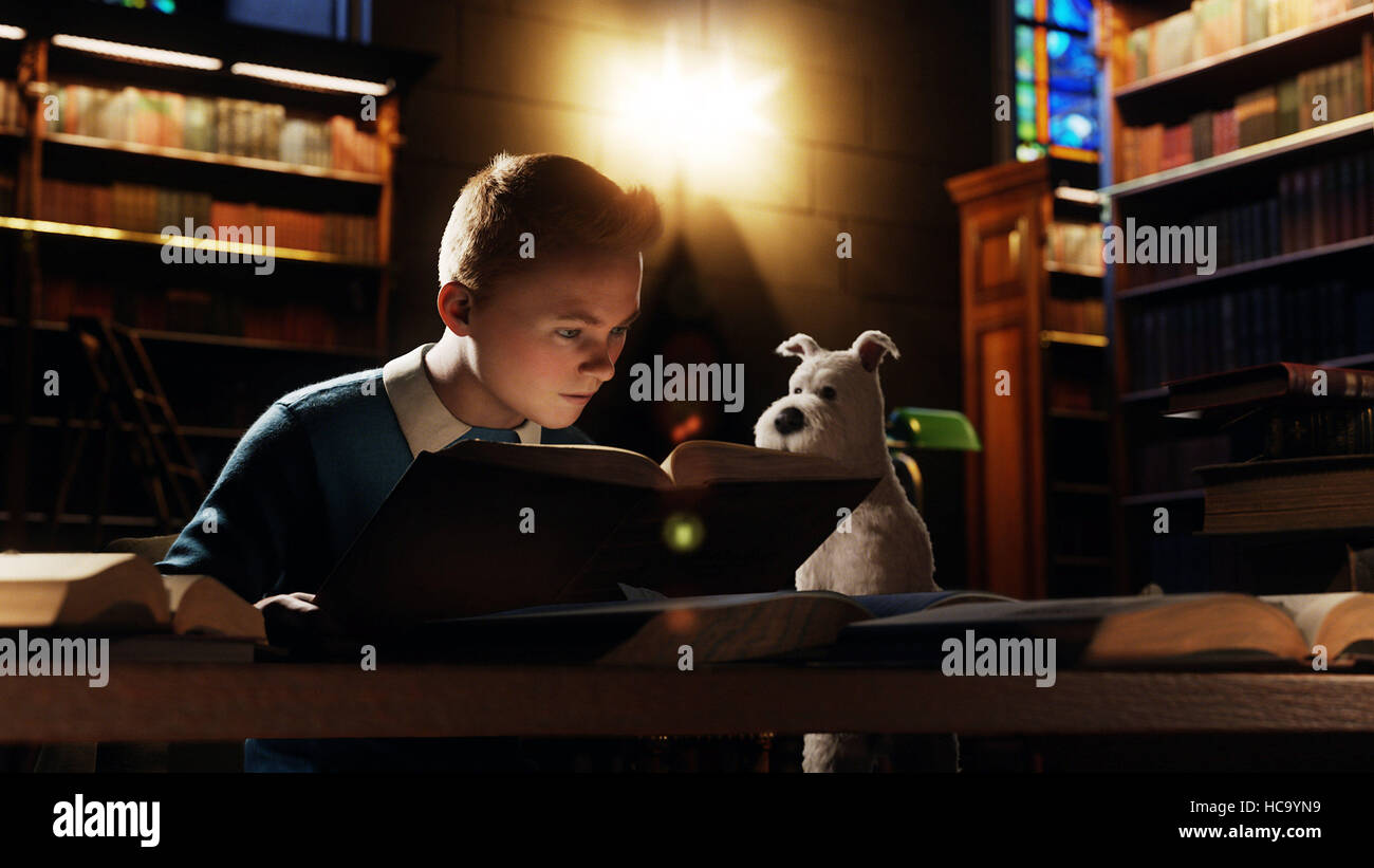 THE ADVENTURES OF TINTIN, lr Tintin (voice Jamie Bell), Snowy, 2011