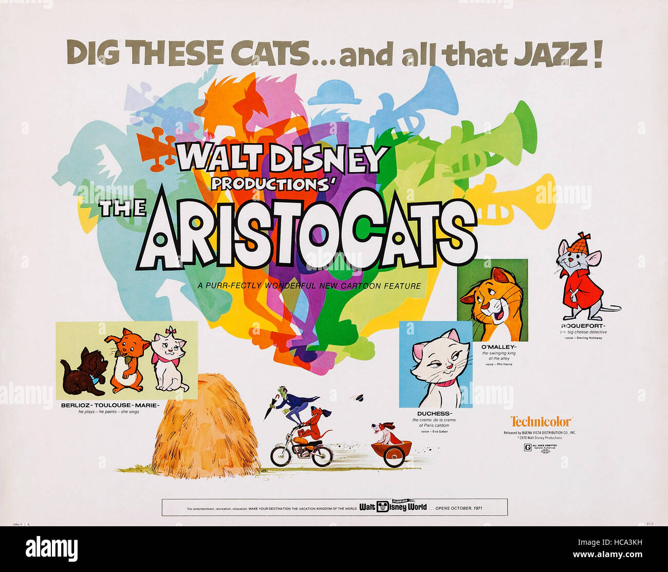 THE ARISTOCATS, US poster art, from left: Berlioz, Toulouse, Marie, Duchess, O'Malley, Roquefort, 1970. ©Walt Disney Stock Photo