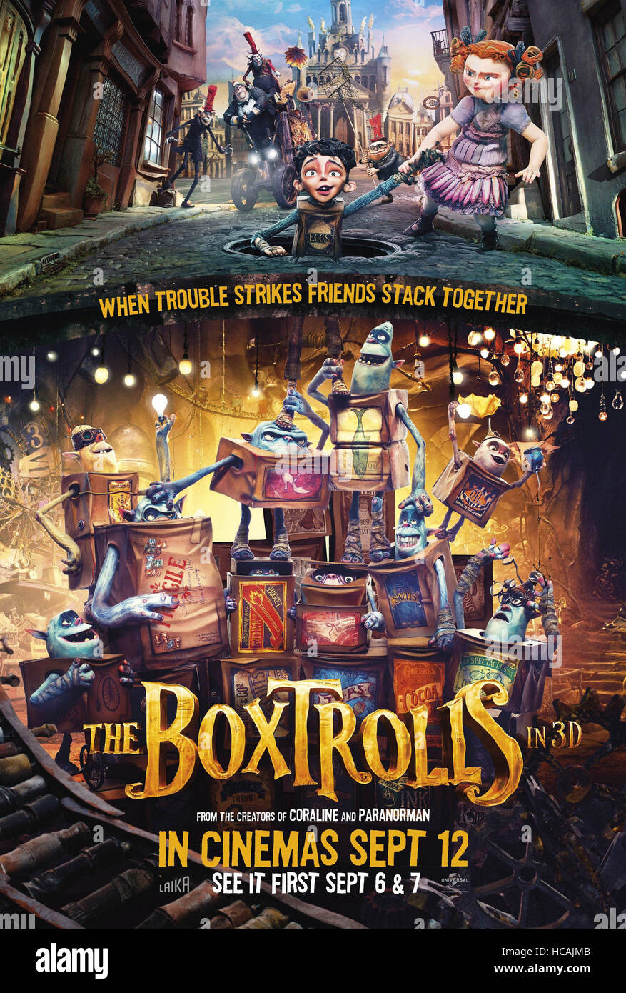 THE BOXTROLLS, British poster art, top from left Mr. Pickles, Mr. Trout, Archibald Snatcher