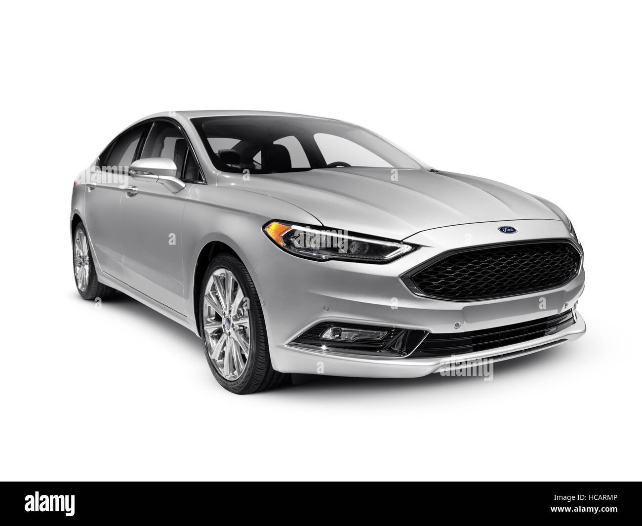 License and prints at MaximImages.com - Silver 2017 Ford Fusion mid-size sedan car isolated on white background with clipping path Stock Photo