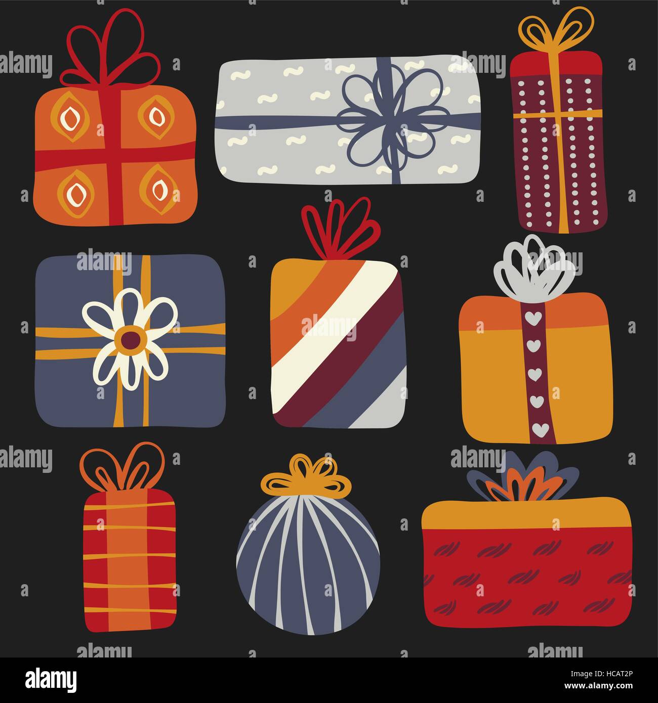Present Box Designs Set of 9 different gift boxes. Cute design. Colorful creative presents ...
