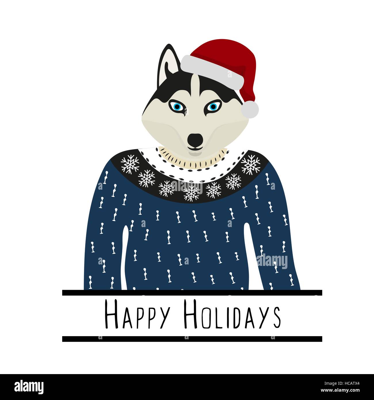 Greeting background with Siberian Husky. A dog with a hat of Santa