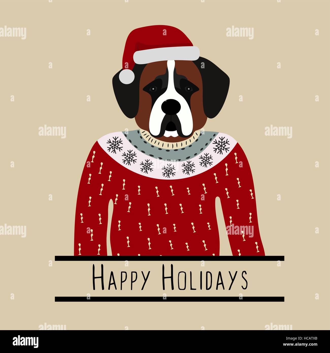 Greeting background with Saint Bernard. A dog with a hat of Santa Claus ...