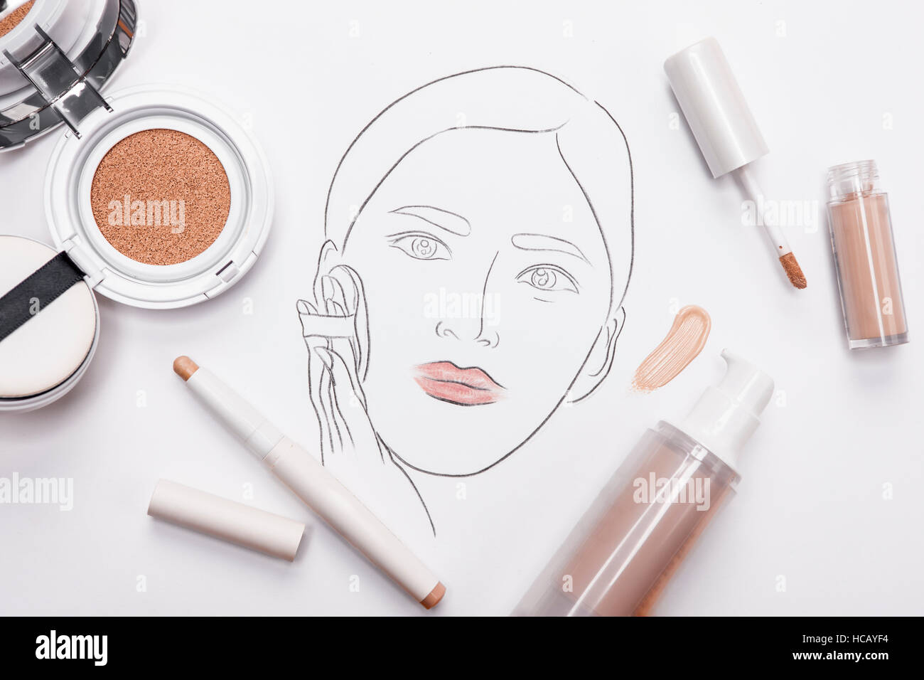Drawing Of Young Womans Face With Cosmetic Products Stock