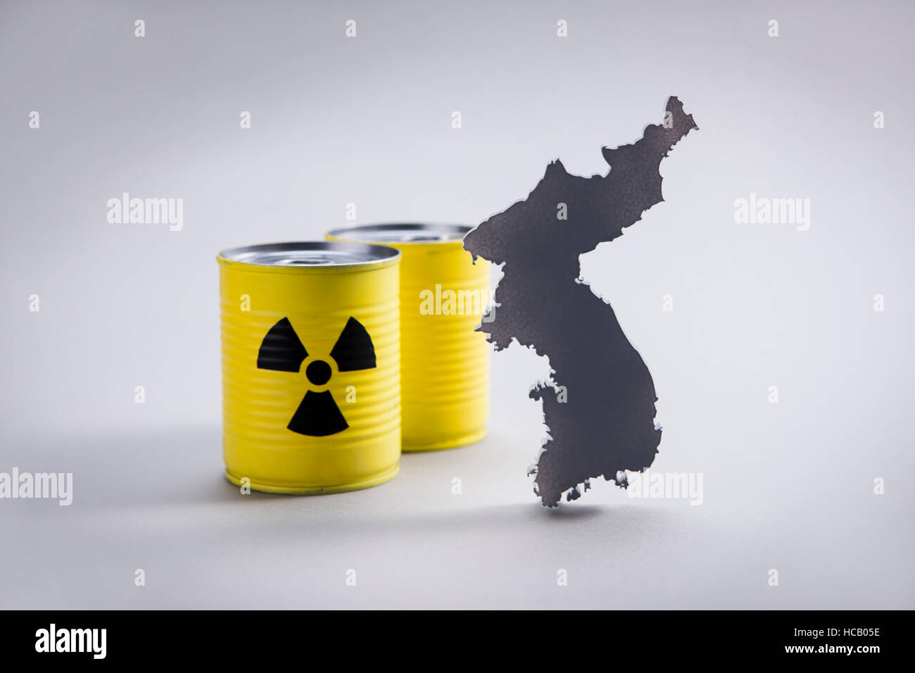 Drum cans with radiation sign and Han peninsula Stock Photo