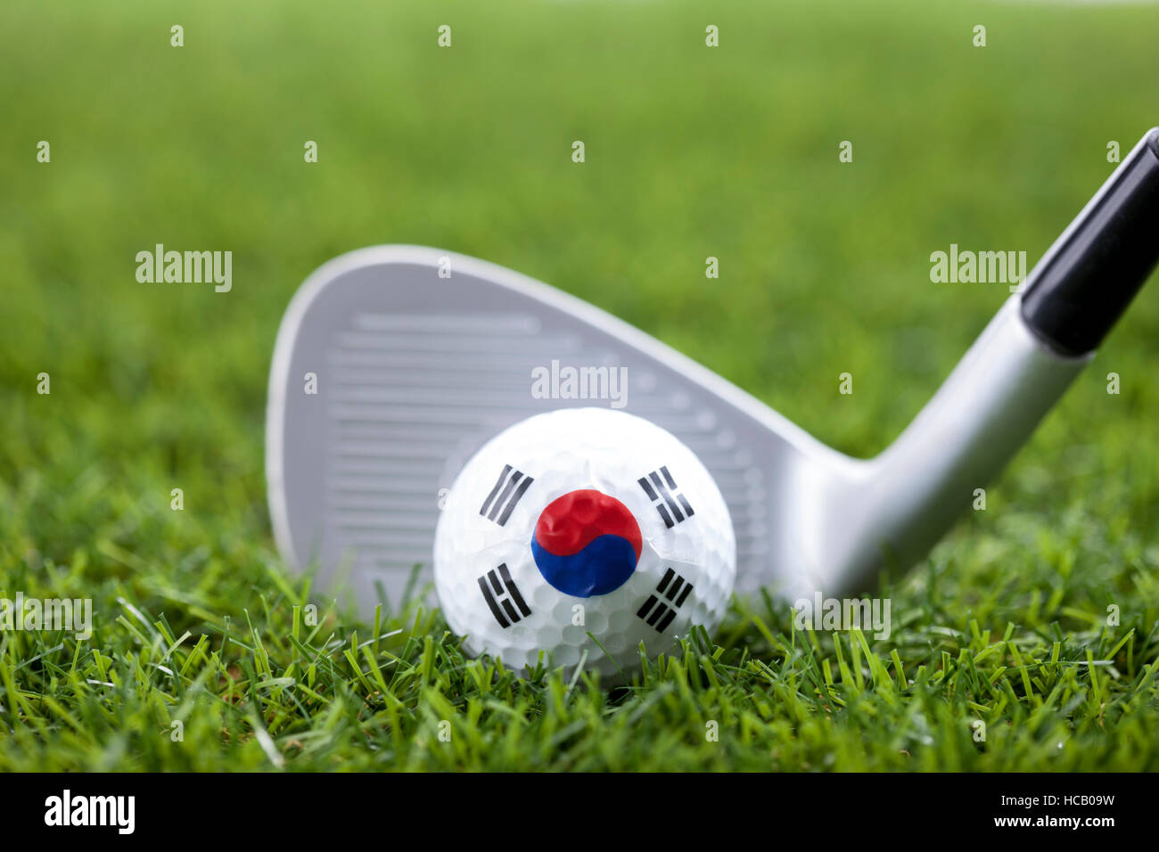 Golf ball with Korean flag and golf club on grass Stock Photo