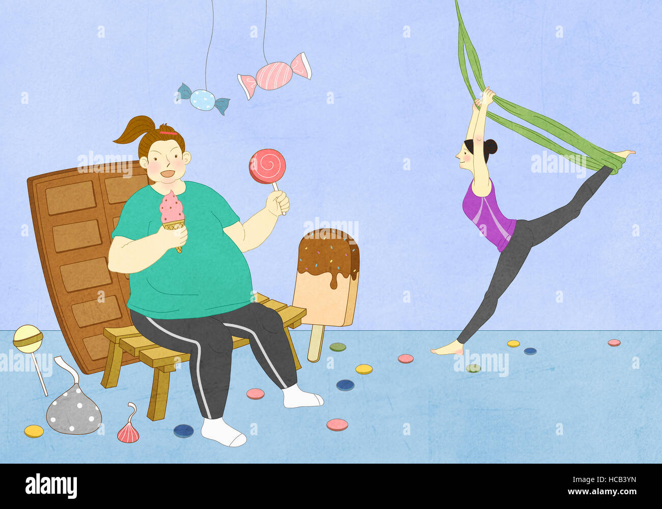 Fat woman eating ice creams and a slim woman exercising Stock Photo Alamy