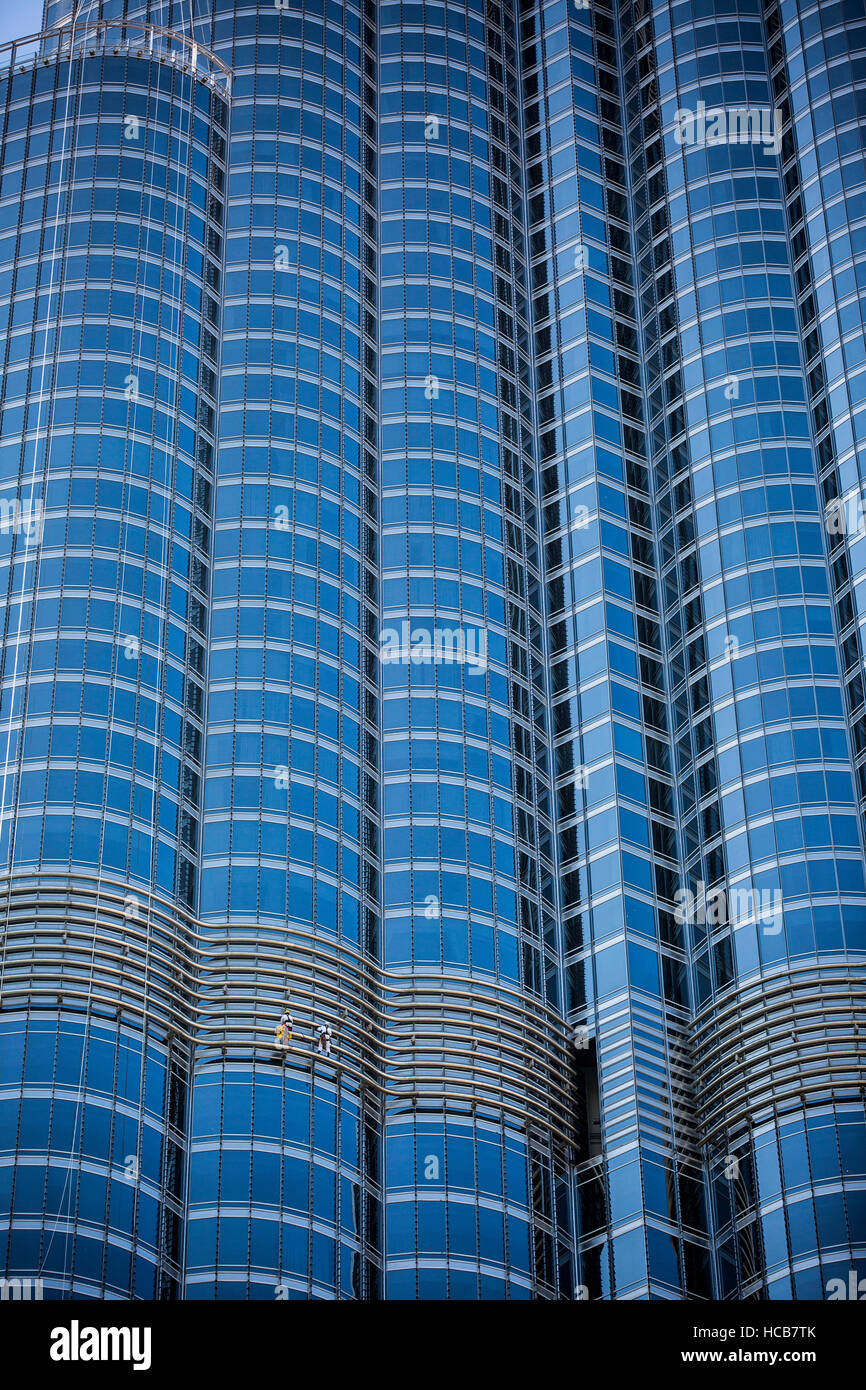 Window cleaners on glass façade of Burj Khalifa, Downtown, Dubai, United Arab Emirates Stock Photo