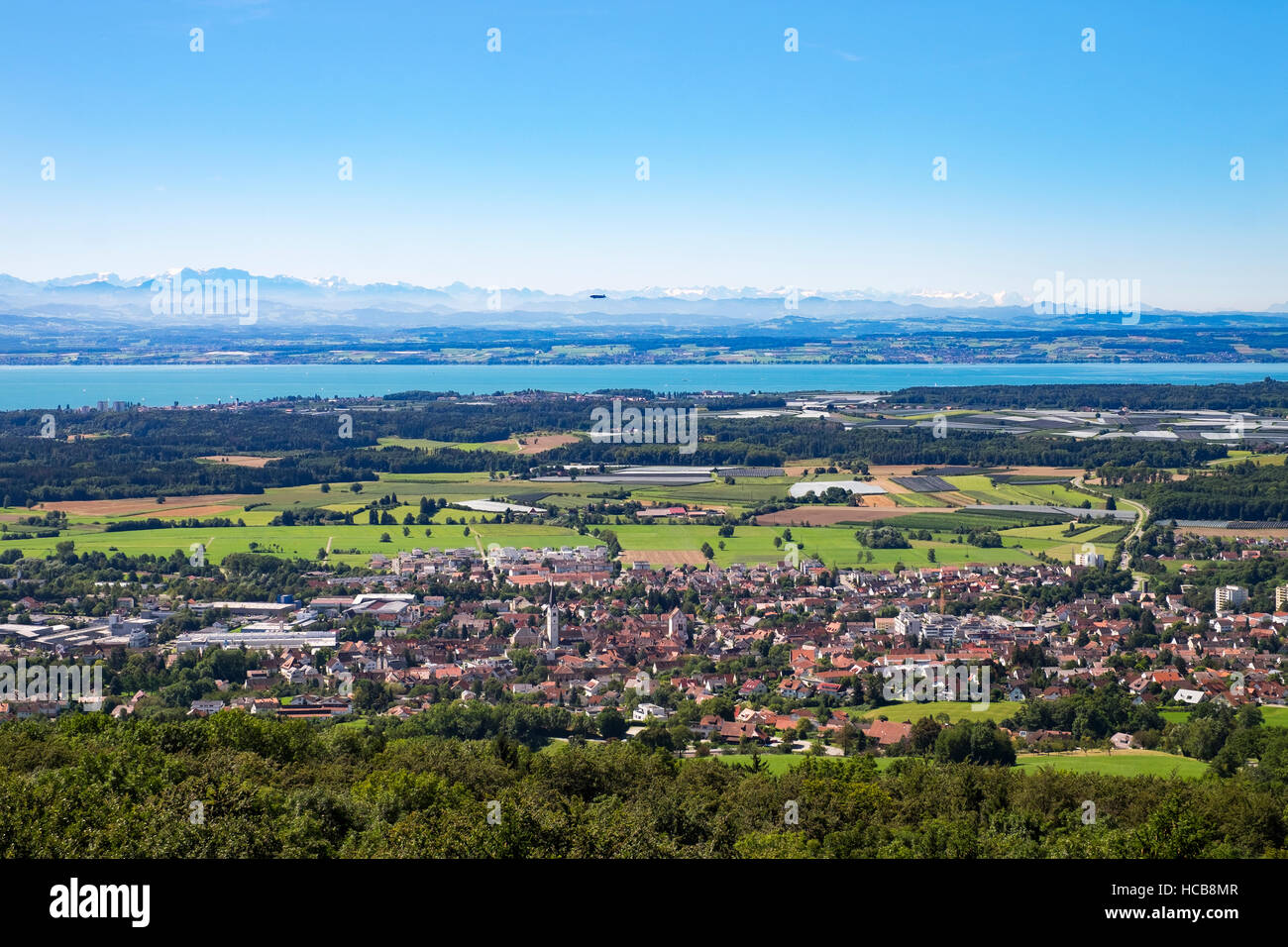 Markdorf, Lake Constance with Swiss Alps, view from Gehrenberg, Linzgau, Lake Constancekreis, Upper Swabia, Baden-Württemberg Stock Photo