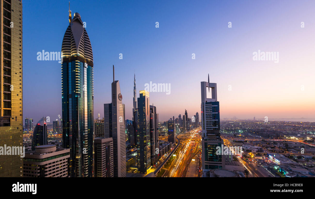View of sunset from Four Points by Sheraton, skyline and Sheikh Zayed Road, Downtown Dubai, United Arab Emirates Stock Photo