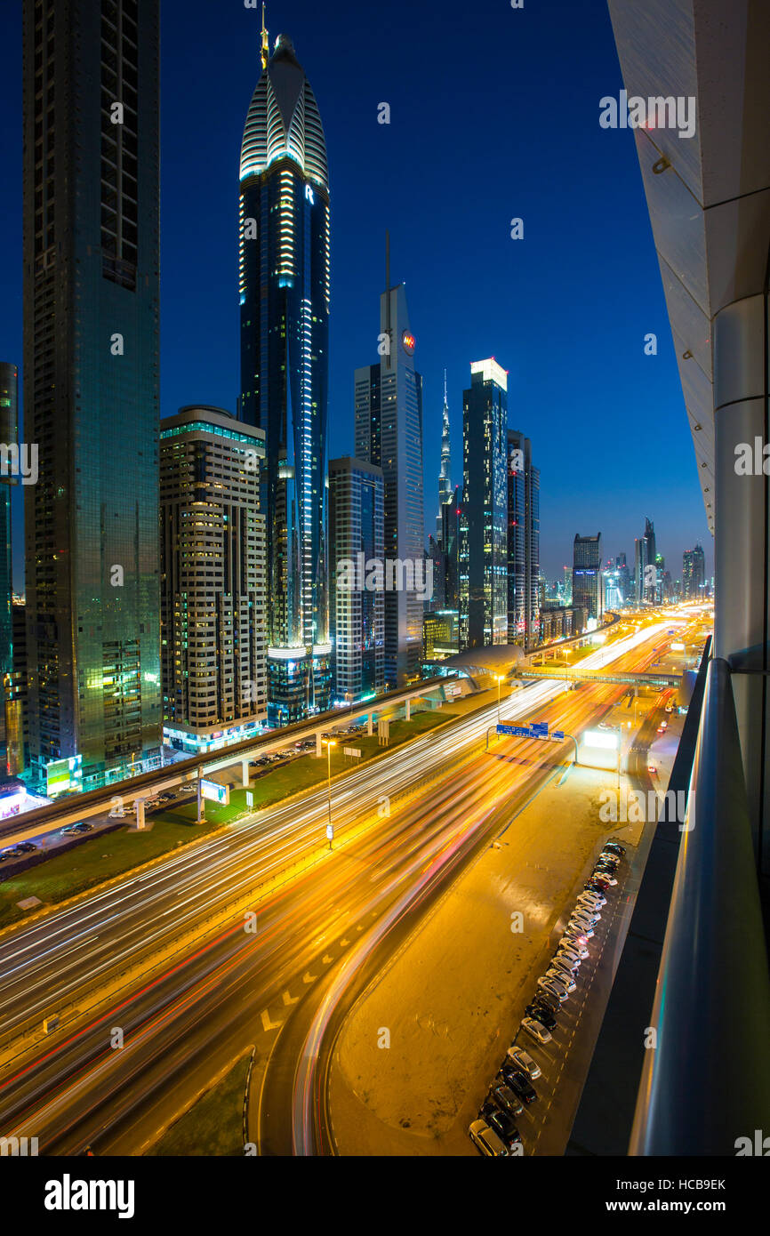 View in evening from Four Points by Sheraton, skyline and Sheikh Zayed Road, Downtown Dubai, United Arab Emirates Stock Photo