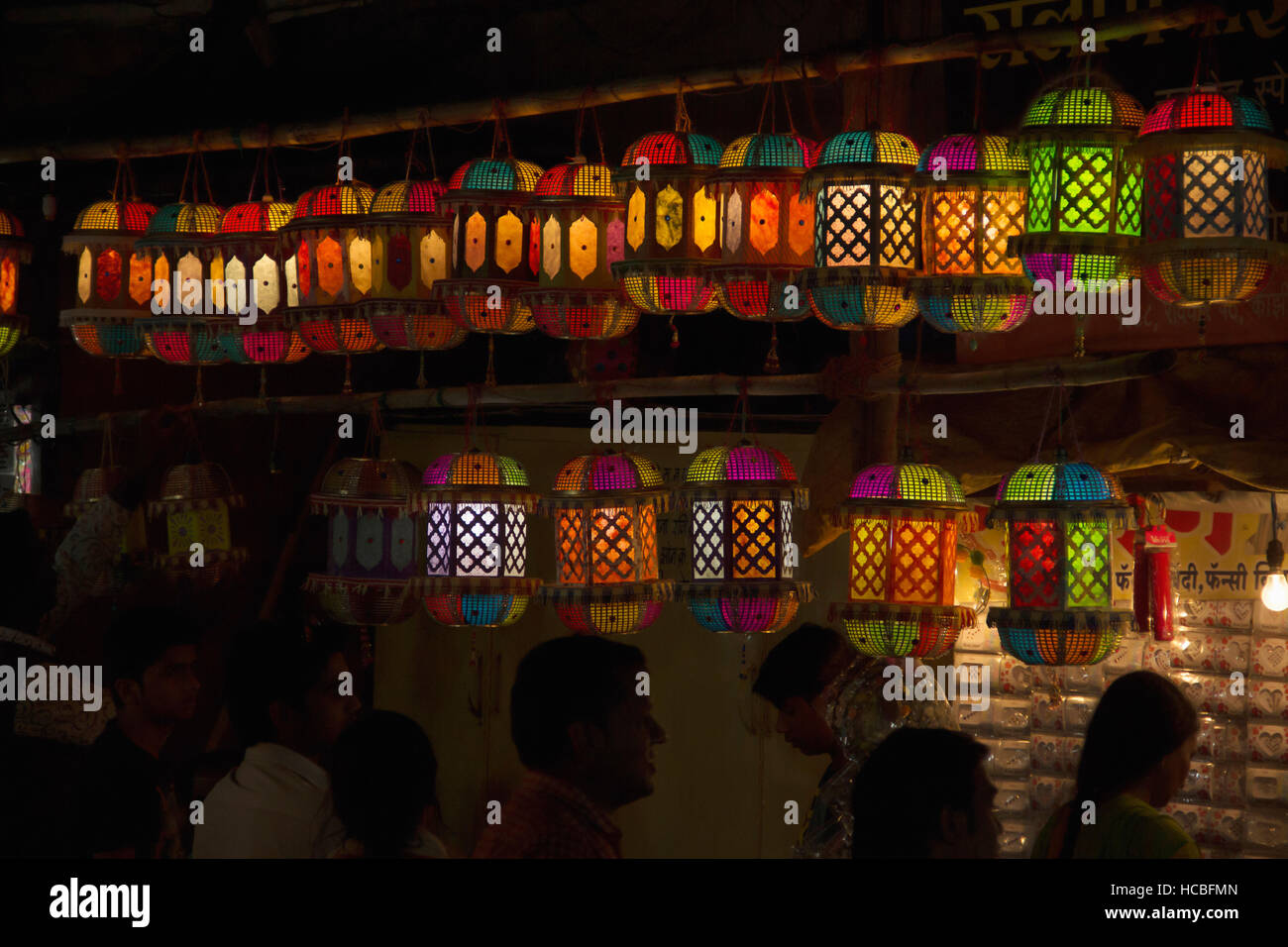 Colourful Lanterns or a sky lanterns (akash kandil) for sale at night, Diwali Festival, Pune, Maharashtra, India Stock Photo