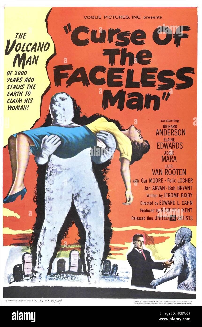 CURSE OF THE FACELESS MAN, top l-r: Bob Bryant, Elaine Edwards, bottom: Richard Anderson on poster art, 1958. Stock Photo