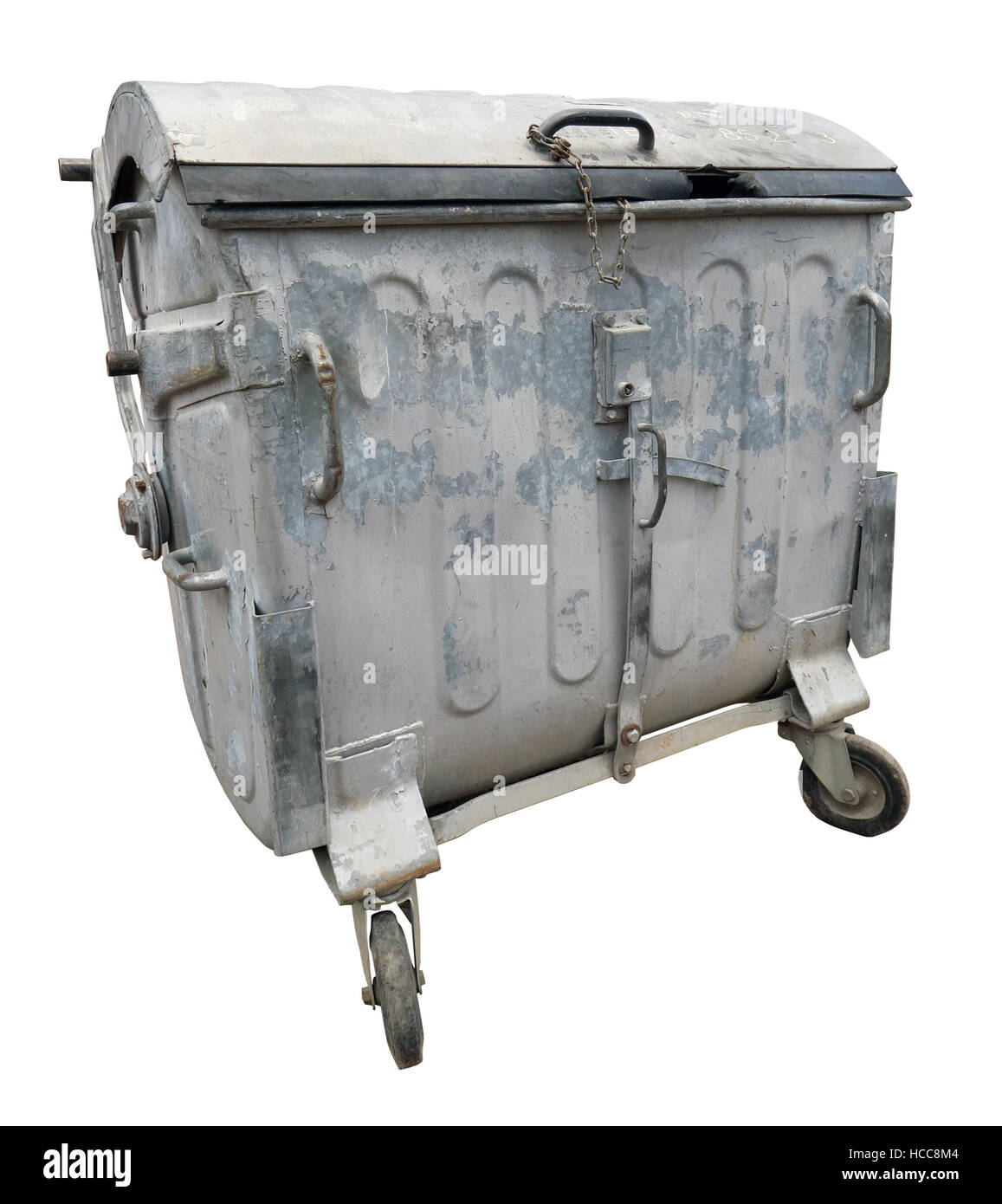 Vintage galvanized tin container  for household and food waste on wheels. isolated Stock Photo