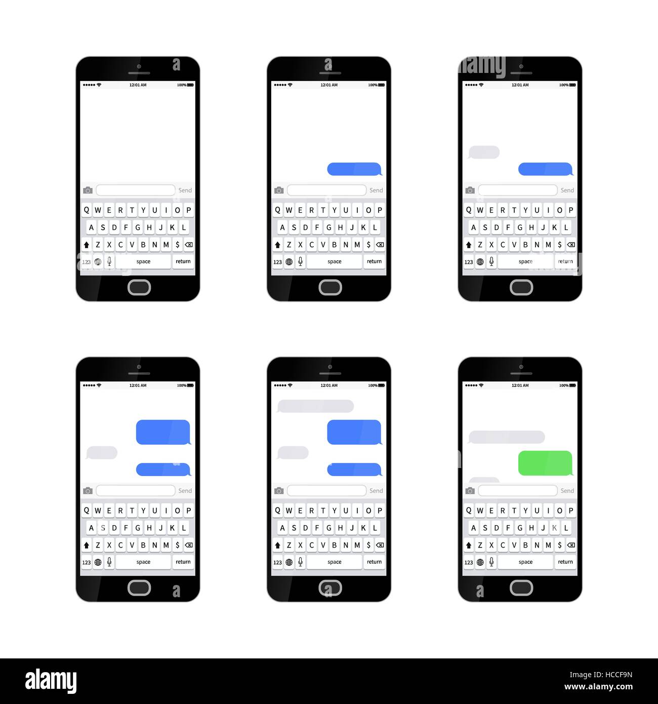 Set of six glossy smartphones with different sms texting templates Set of six glossy smartphones with different sms texting templates