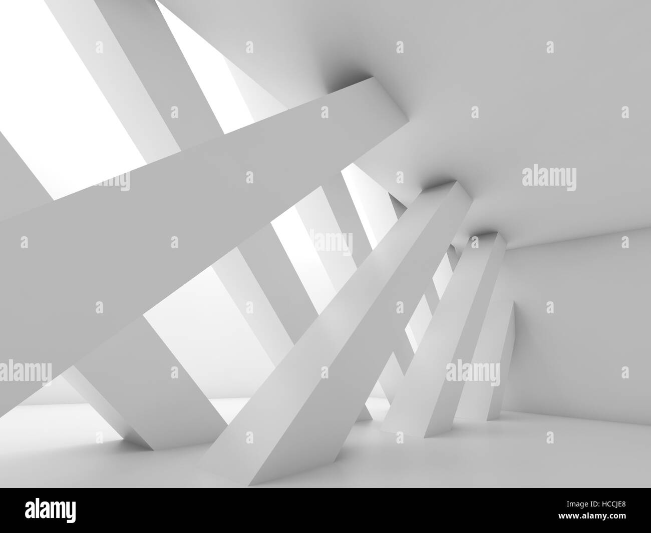 Abstract empty room, partition made of diagonal girders, blank white ...