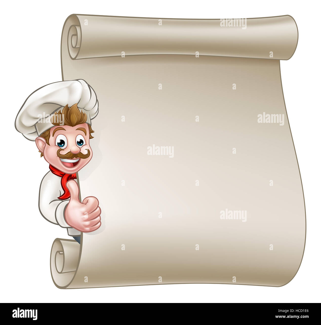 Cartoon chef or baker character giving thumbs up and peeking around sign or scroll menu Stock Photo