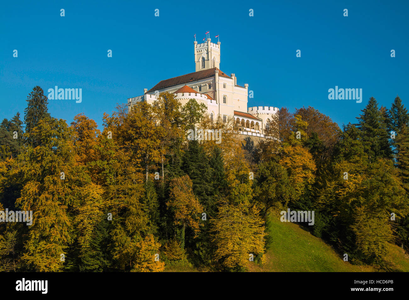 Castle of Trakoscan on the hill in autumn, Zagorje, Croatia Stock Photo