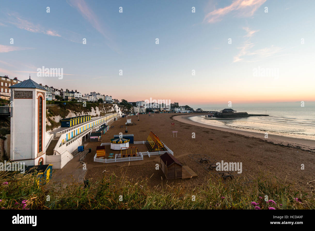 Broadstairs seafront, liftshaft, cliffs, beach huts and seafront