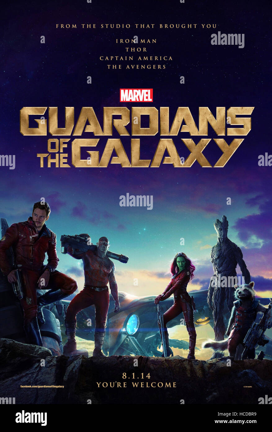 GUARDIANS OF THE GALAXY, US advance poster art, from left: Chris Pratt, Dave Bautista, Zoe Saldana, Groot (voice: Vin Diesel), Stock Photo