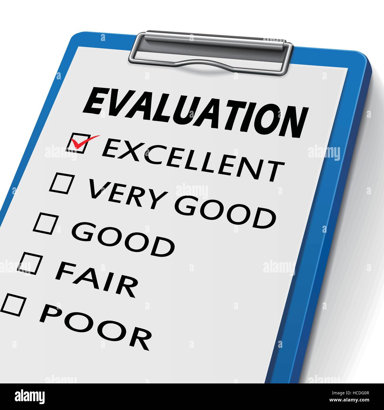 evaluation clipboard with check boxes marked for excellent, very good