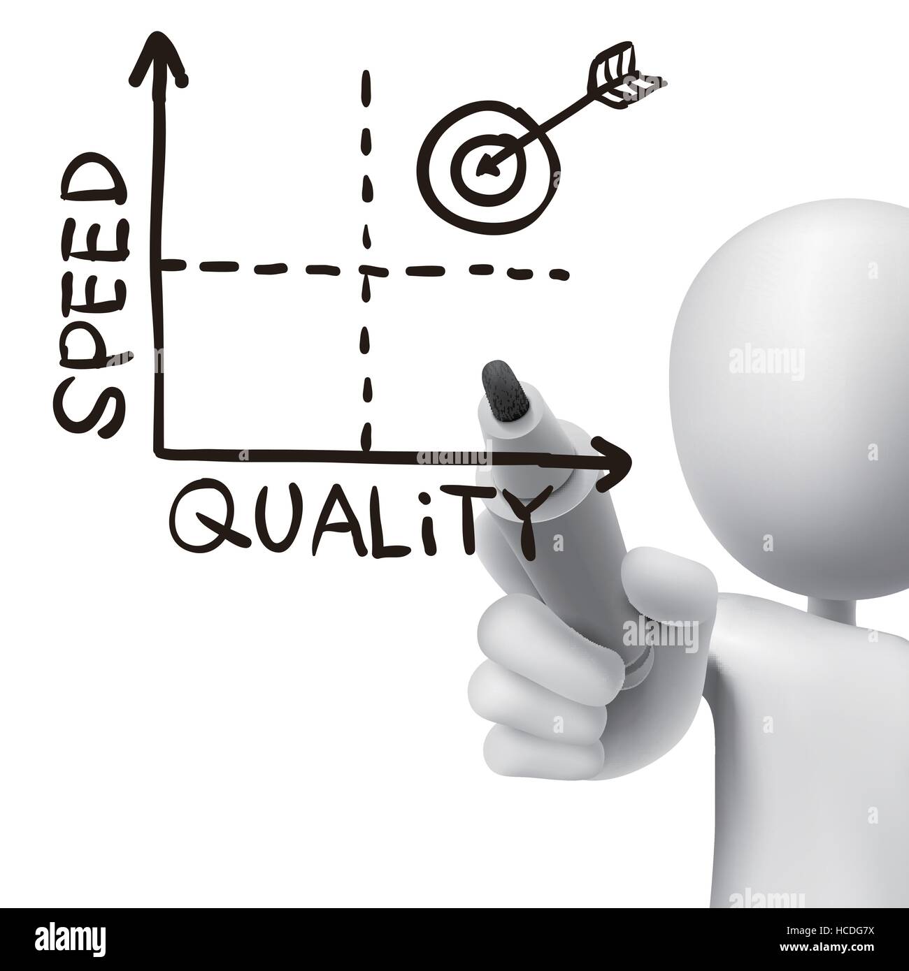 quality-speed graph drawn by 3d man over white Stock Vector