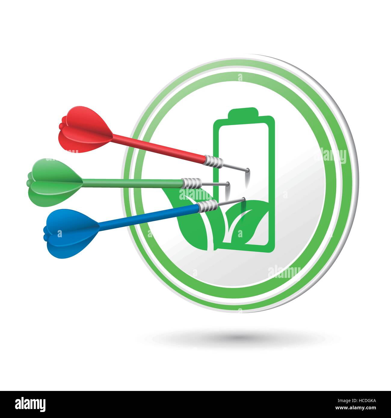 green energy battery target with darts hitting on it over white Stock Vector